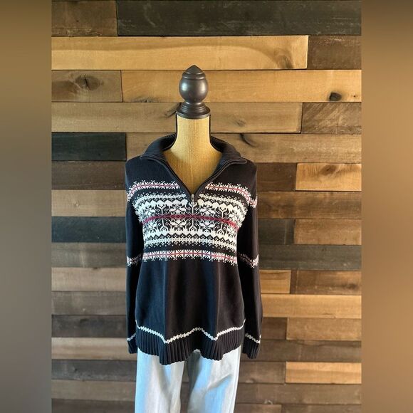 Vintage Croft & Borrow Snowflake Knit 1/4 Zip Black & Maroon Sweater Size Large - Picture 4 of 8